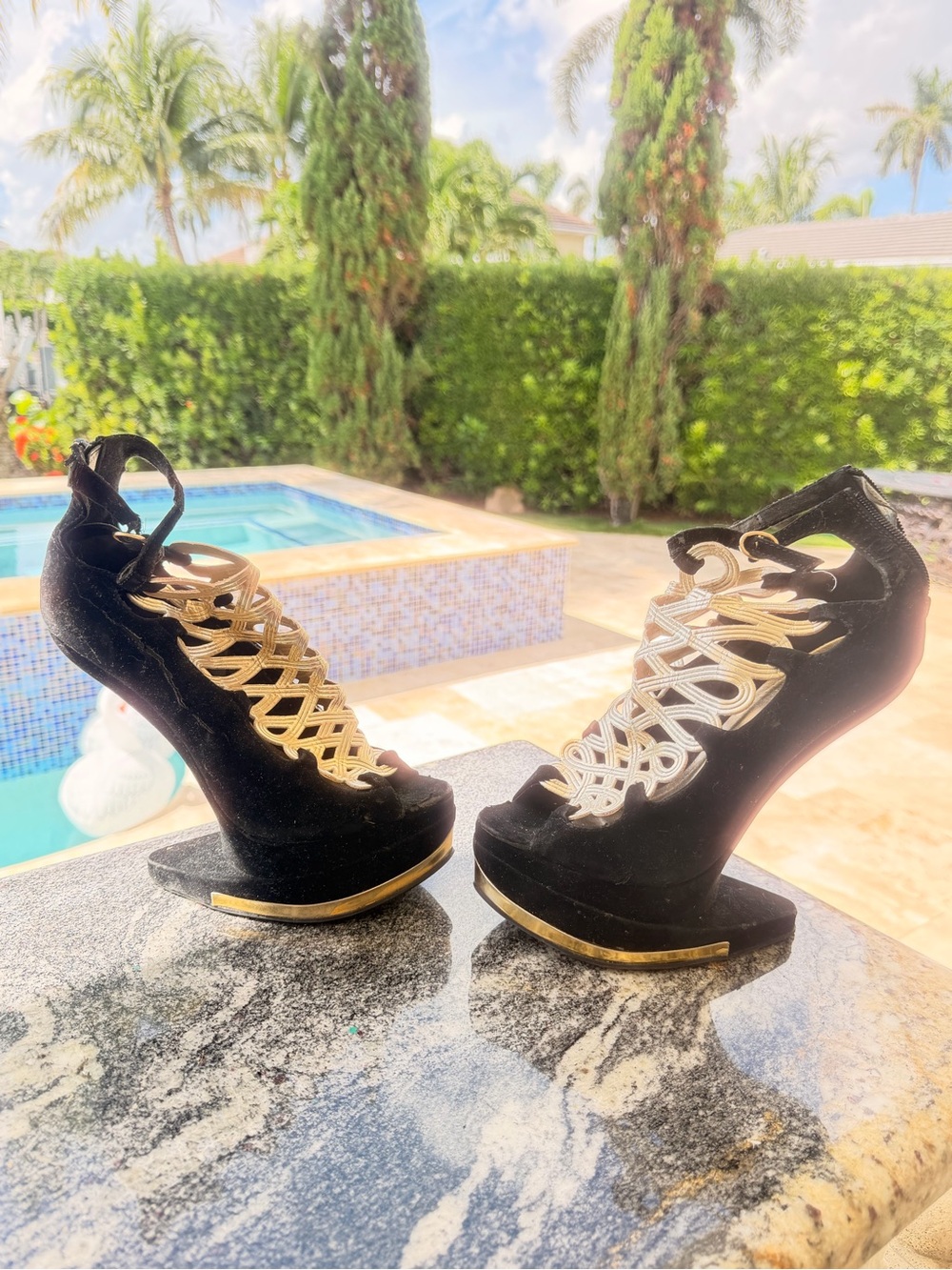 Black Velvet Lace-Up Platform Heels with Gold Accents